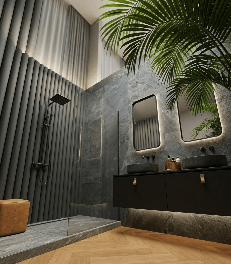 modernes graues Wandfliesen Badezimmer mit Dusche