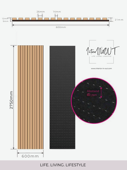 Technische Details Akustikpaneel: Präzise gefertigte Akustikpaneele mit den Maßen 2750x600x21 mm – optimal für stilvolle Wandgestaltung und effektive Schallabsorption. Die Kombination aus hochwertigem Holzdesign und funktionaler Konstruktion sorgt für eine elegante und ruhige Atmosphäre. Ideal für individuelle Raumlösungen in Wohnräumen, Büros und Studios.