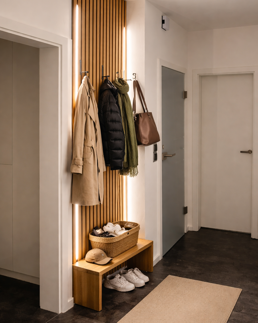 Akustikpaneel Holz im Flur mit Beleuchtung und Garderobe