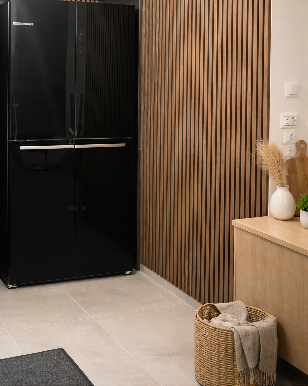 Akustikpaneel Holz an Küchenwand neben Kühlschrank