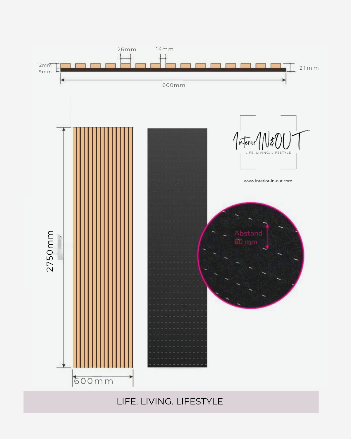 Akustikpaneel 275cm Maße technische Zeichnung 600mm