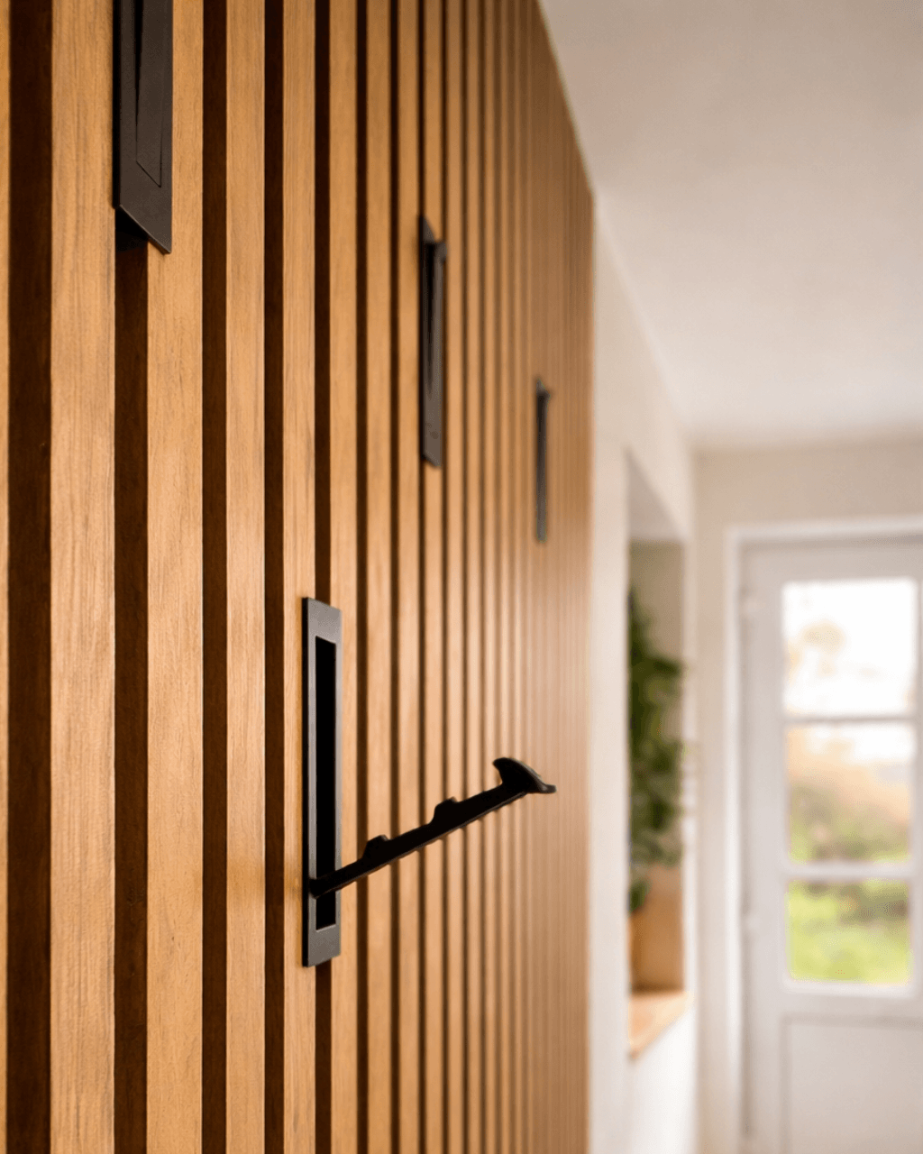 Klappbare Garderobenhaken an Holzpaneel im Flur 