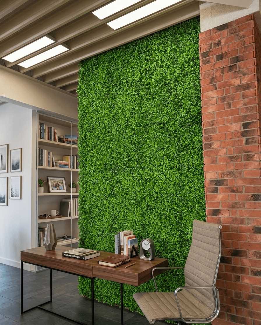 Mooswand im Büro hinter Schreibtisch für bessere Raumakustik und modernes Design