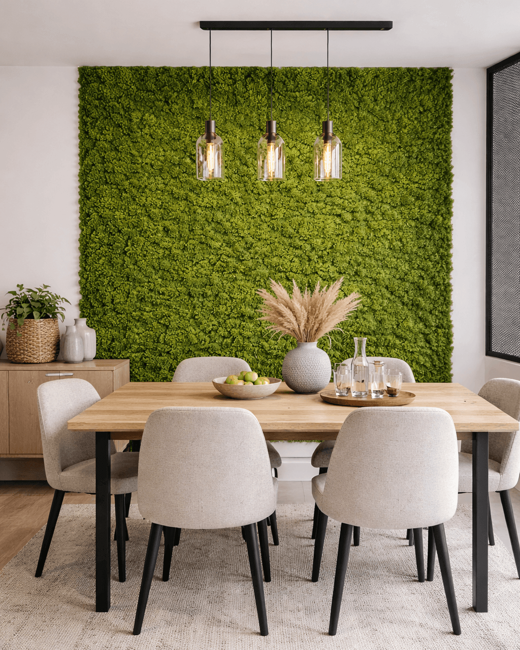 Mooswand im Esszimmer für bessere Akustik und stilvolle Raumgestaltung