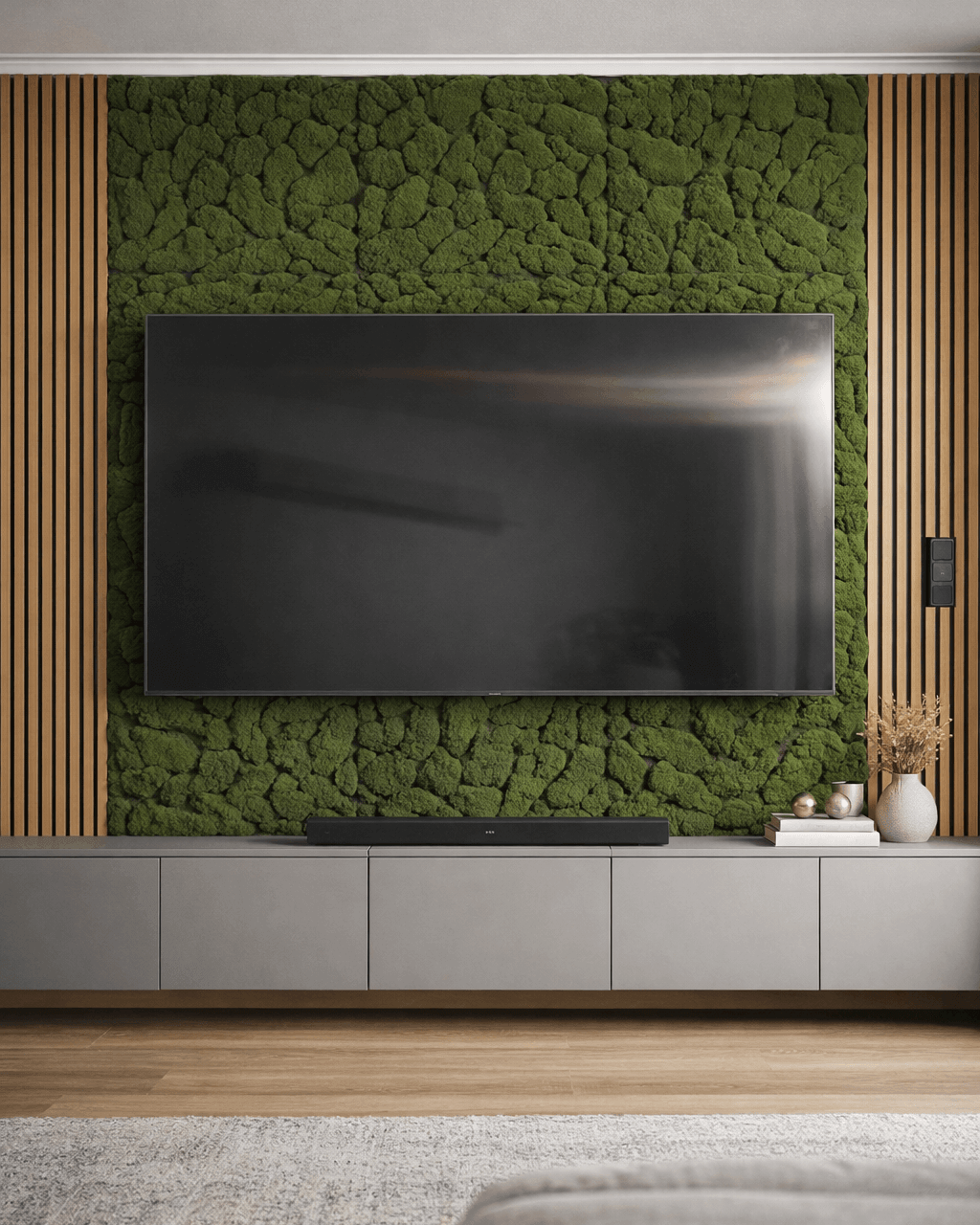 Mooswand im Wohnzimmer hinter TV als akustische Design Wand